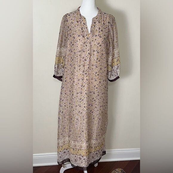 Ann Taylor XL Beige Plum Gold Lurex Paisley Floral Border Balloon Sleeve Dress - Picture 8 of 16